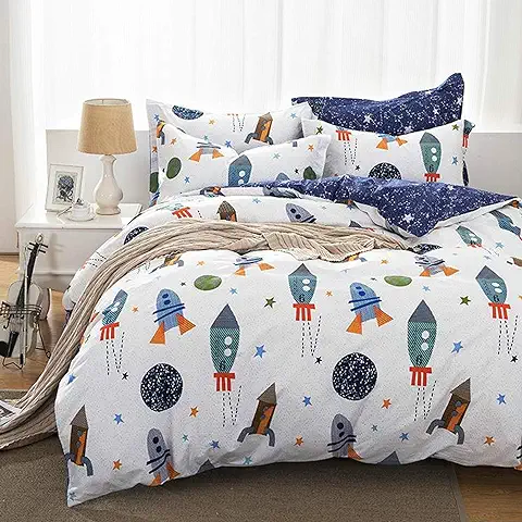 Qucover Juego de Cama para Niño Cama 90 Funda Nordica Infantil,100% de Algodón, Cama Individual, Reversible Diseño de Cosmos para Dormitorio de los Niños  