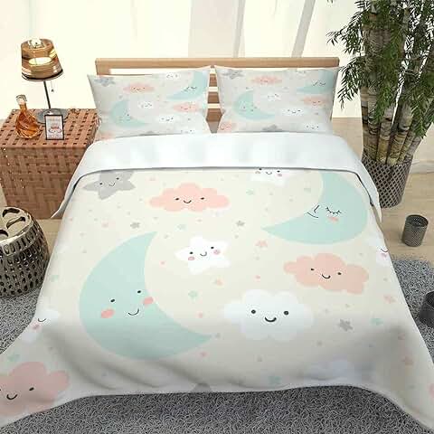 QZDUCN Fundas Nordicas Infantiles Niños Y Niñas Super Suave Comodo Impresión Luna De Nubes Rosadas Ropa De Cama Incluye 1 Funda De Edredón Y 2 Fundas De Almohada 155x220cm ( para Cama 90/105)  