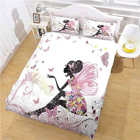 QZDUCN Juego De Ropa De Cama Niña Y Niños Fundas Nordicas 155x220cm /Cama 90/105 Niña De Las Flores Rosadas 3D Juego De Funda De Edredón Microfibra Cremallera Funda Nórdica Y 2 Funda De Almohada  