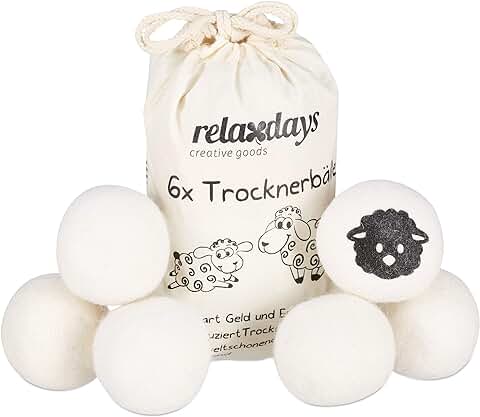 Relaxdays Set de 6 Bolas Secadora de Ropa, Pelotas de Secado con Bolsa, Ecológicas, Antiestáticas, Lana, Ø 7 cm, Blanco  
