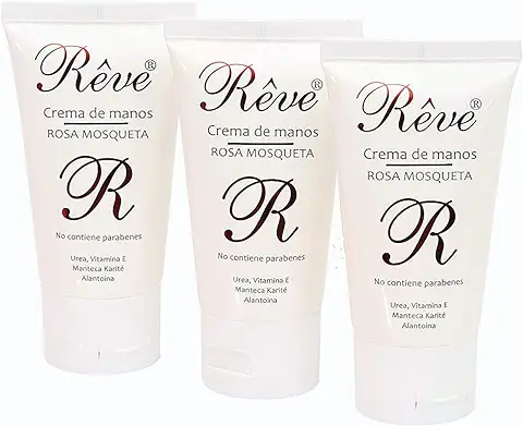 REVE Crema de Manos Rosa Mosqueta, Enriquecida con Urea, Vitamina E, Karité y Alantoina, Rápida Absorción, Textura no Grasa, Ideal para Manos Secas, Formato Bolso, Suave Aroma, 3 Unidades de 30ml  