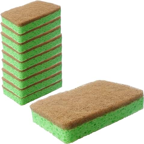Roellgs Paquete de 10 Esponjas de Cocina Naturales, Ecológicas y Compostables, Biodegradables, Productos de Limpieza para Almohadillas de Lavado Resistentes, Estropajos sin Arañazos  