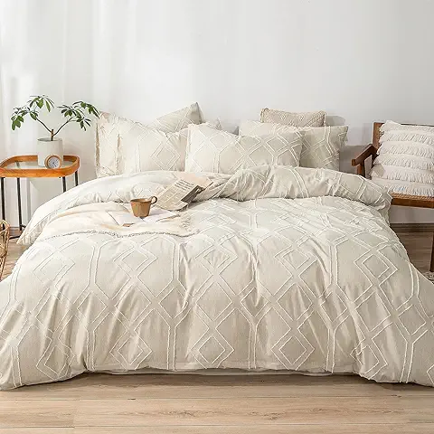 Ropa de cama de Estilo Bohemio con Bordado Shabby Chic, 1 Funda Nórdica de 220x240 cm con 2 Fundas de Almohada de 50x70 cm y Cremallera, 100 % Microfibra, Color Beige  