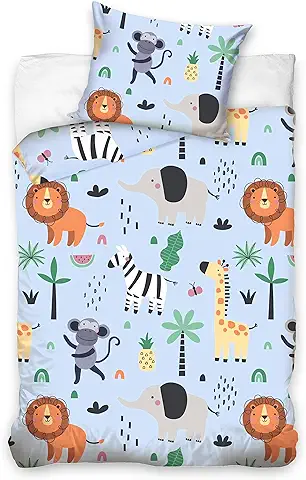 Ropa de cama Infantil 100 x 135 40 x 60 cm, con Animales de Zoológico, ropa de cama para Niños, Funda de Almohada y Edredón de 100% Algodón, Color azul  