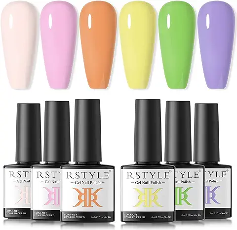 RSTYLE Esmalte Semipermanente para Uñas，Pintauñas Semipermanentes Esmalte Semipermanentes de Uñas Kit Uñas Semipermanentes Nail Polish Soak Off UV LED para Manicura Rosa Amarillo Verde Violeta 6ml  