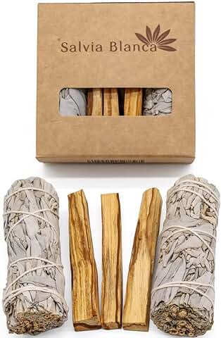 Salvia Blanca - Kit de Limpieza Espiritual | 2 Atados de Salvia Californiana y 3 Varillas de Palo Santo de 10cm | para Meditación y Ritual | Juego de Purificación Ecológico  