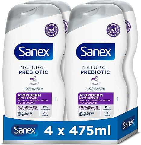 Sanex Natural Prebiotic Atopiderm Gel de Ducha, Pack 4 Uds x 475ml, Gel de Baño con Prebiótico Natural de Bio Agave, 12H de Hidratación, 92% de Origen Natural*, Sin Sulfatos SLS**  