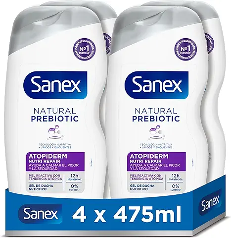 Sanex Natural Prebiotic Atopiderm Gel de Ducha, Pack 4 Uds x 475ml, Gel de Baño con Prebiótico Natural de Bio Agave, 12H de Hidratación, 92% de Origen Natural*, Sin Sulfatos SLS**  