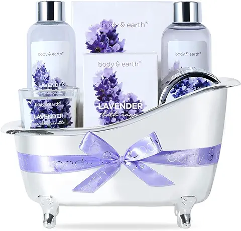 Set de Regalo Mujer, Body&Earth Cestas Regalo Mujer 7 Piezas Lavanda con Baño de Burbujas, Gel de Ducha, Vela Perfumada, Sales de Baño, Loción Corporal, Jabón Pack Mujer Regalo para Cumpleaños Navidad  