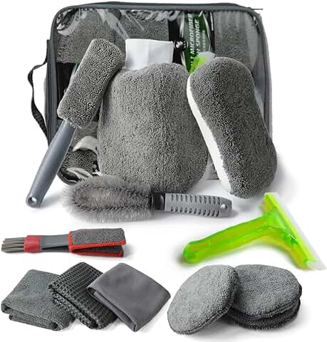 Set Limpieza Coche, Mitón de Microfibra, Toalla de Lavado de Autos, Cepillo para Llantas  