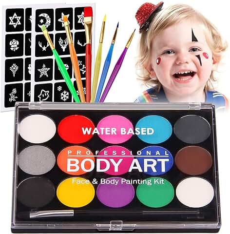 Siebwin Pinturas Cara para Niños Kit Maquillaje 31Pcs, 15 Colores Seguridad No Tóxica Pintura Facial, Kit de Pintura Facial con 24 Plantillas 7 Pinceles para Niños Halloween Fiestas Cosplay  