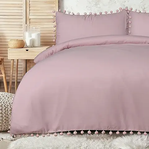 Sleepdown 5056242750468 Juego Edredón y Fundas de Almohada con Pompones, Color Rosa Rubor de Lujo y Fácil Cuidado, para Cama de Matrimonio (200 x 200 cm), Poliéster, Doublé  