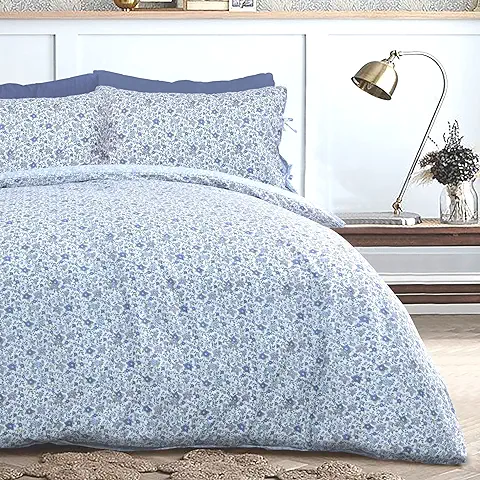 Sleepdown Ditsy Flowers - Juego de Funda de Edredón de Fácil Cuidado, Diseño de Flores, Color Azul y Blanco, Doublé  