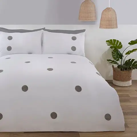 Sleepdown Juego de Funda de Edredón con Fundas de Almohada y Fundas de Almohada, Diseño de Lunares, Color Blanco y Plateado  