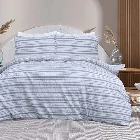 Sleepdown Juego de Funda de Edredón Reversible de Rayas de Seersucker Gris, Juego de Ropa de Cama, Suave y Fácil Cuidado, Super King (220 x 260 cm)  
