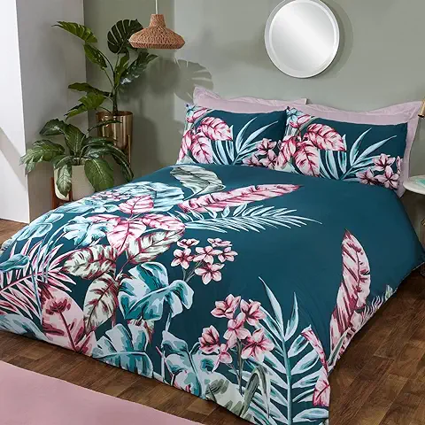 Sleepdown Juego Edredón Reversible con Fundas de Almohada, Tamaño Super King (260 x 220 cm), Diseño de Hojas Tropicales, Color, Polialgodón, Azul Verdoso, Matrimonio Grande  