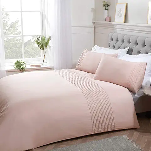 Sleepdown Pintuck - Juego de Funda de Edredón Plisada, Diseño de Rayas, Color Rosa Rubor, de Fácil Cuidado, Suave y Acogedor, con Fundas de Almohada, Tamaño Superking (220 x 260 cm)  