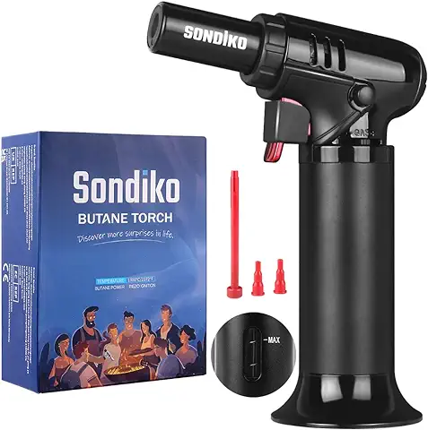 Sondiko Soplete de Cocina S907, Soplete Cocina con Indicador de Combustible, Soplete Recargable con Bloqueo de Seguridad y Llama Ajustable, Soplete Pequeño Para Crema Catalana (Gas No Incluido)  