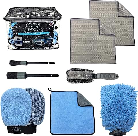 Sudz Budz® Kit Limpieza Coche Premium Microfibra, 8 Productos | Manoplas Lavado Autos, Juego de Toallas, Cepillo para Ruedas, Juego Cepillos para Detalles Autos. Detailing Coche Interior y Exterior  