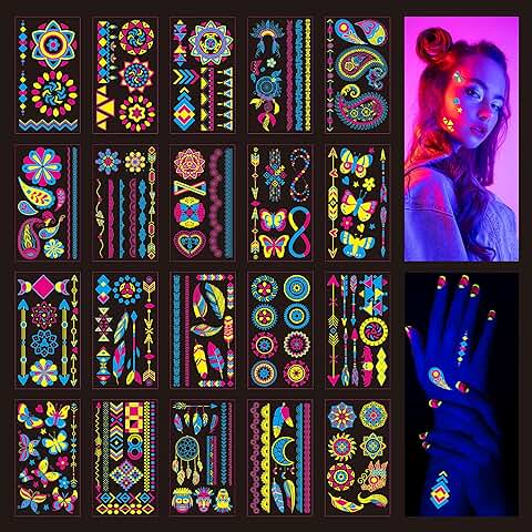 SUGERU® 20 Hojas Neón Tatuajes Temporales(176 Diseños), UV Luz Negra Fluorescente Maquillaje,pegatinas cara Festival, cara & Cuerpo, Festival,purpurina Luminoso  