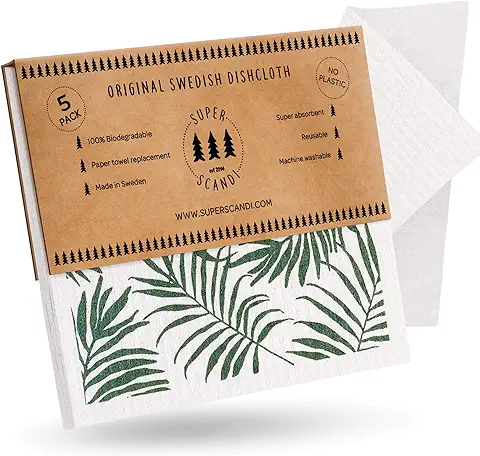 SUPERSCANDI Palmera 5 Pack (3 Estampados, 2 Blancos), Paños de Limpieza Suecos Ecológicos, Reutilizables, Sostenibles, Biodegradables, de Celulosa, Paño de Limpieza de Papel de Repuesto  