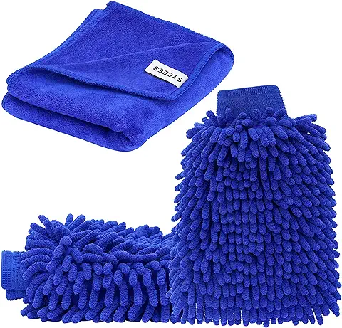 SYCEES 2PCS Manoplas y Toalla de Lavado Coche Guantes Impermeable de 2 Cara de Limpieza de Microfibra Absorbente para Automóvil Incluido un Par de Guantes y Un Paño de Limpieza,Azul  