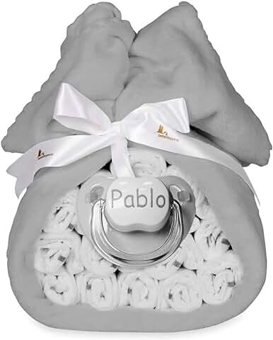 Tarta de Pañales para Recién Nacida con Manta Bordada con Nombre + 15 Pañales Moltex Premium, Ecológicos y Biodegradables Talla 2 (3-6 Meses) + Chupete Personalizado con Nombre Grabado (Gris)  