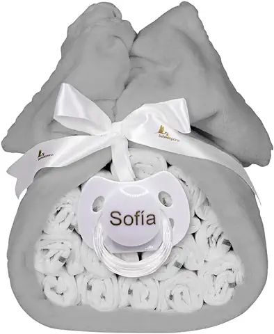 Tarta de Pañales para Recién Nacida con Manta Bordada con Nombre + 15 Pañales Moltex Premium, Ecológicos y Biodegradables Talla 2 (3-6 Meses) + Chupete Personalizado con Nombre Grabado (Gris)  