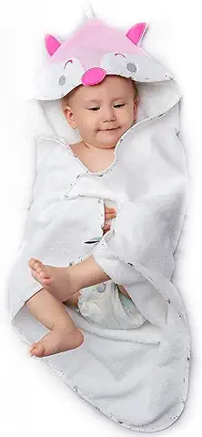 Toalla Bebe con Capucha Niño y Niña - Capucha Cabecita de Zorro-Toalla de Baño 100% Algodón Ecológico, Certificado Oeko Tex, Sin Productos Químicos - Albornoz Bebe 70x70cm, 0 -12 Meses - Rosa  