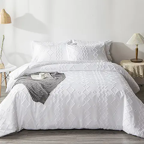 Tufted Funda Nordica Bordado 100% Microfibra Suave Cama 80/90 Shabby Chic Bohemia Traspirante Funda Edredon 135x200 cm y 1 x Funda de Almohada de 50x75 cm Juego de Fundas Nórdicas Boho Blanco  