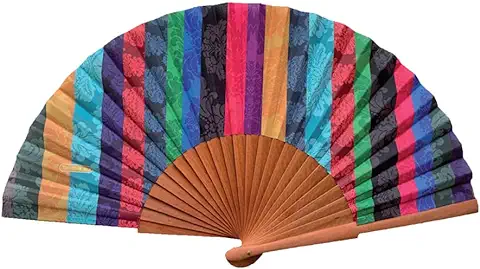 Tusitala Barcelona - Abanico Bambalinas - Abanico Español de Madera y Algodón - Complemento de moda Hecho a mano - Funda de Yute Natural Incluida - Regalo Original - 23 cm.  
