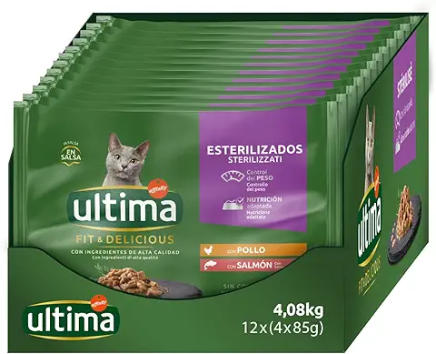 Ultima Comida Húmeda para Gatos con Pollo y Salmón, 4 x 85 gr x 12 (4.08 kg)  