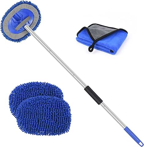URAQT Cepillo Lavar Coche, 160cm 3 en 1 Cepillo de Limpieza Extraíble Telescópico,Chenille Microfibra Sin Rasguños Duster 180° Rotación Mopa de Lavado Coche para la Limpieza del Automóvil y del Hogar  