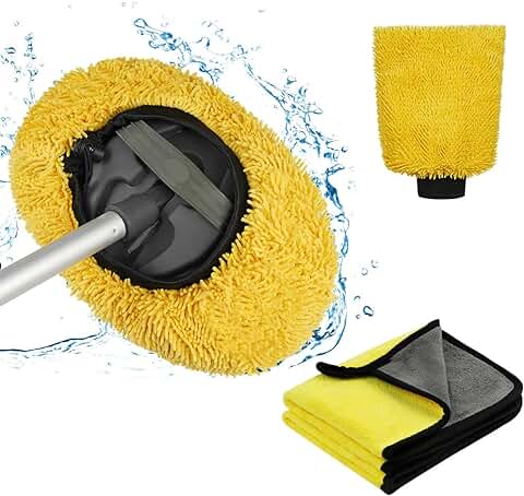 URAQT Cubierta de Cepillo Lavado Coches, 4PCS Kit de Lavado de Autos Microfibra, con 2PCS Paños de Coche y 1PCS Guantes de Lavado Coche para Limpieza y Cuidado del Automóvil, Hogar, Cocina Aamarillo  