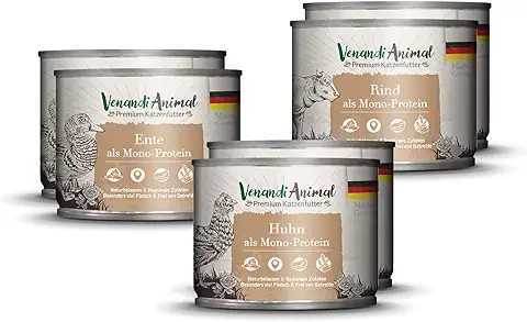 Venandi Animal - Pienso Premium para Gatos - PAQUEE DE Prueba I 2*Pollo, 2*Pato, 2*Ternera - Completamente Libre de Cereales - 6 x 200 g  