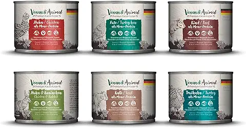 Venandi Animal Premium Comida Húmeda para Gatos, Paquete de Prueba III, Pollo, Pavo, Ternera, Pollo + Conejo, Ternera, Pavo, 6 x 200 g, sin Cereales y Natural, 1,2 kg  