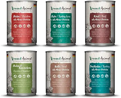 Venandi Animal Premium Comida Húmeda para Gatos, Paquete de Prueba III, Pollo, Pavo, Ternera, Pollo + Conejo, Ternera, Pavo, 6 x 400 g, sin Cereales y Natural, 2.4 kg  