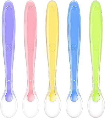 Vicloon Cucharas de Aprendizaje para Bebé, 5 Piezas, Silicona Suave, Cuchara de Punta de Alimentación para Alentar a Comer de Forma Independiente  