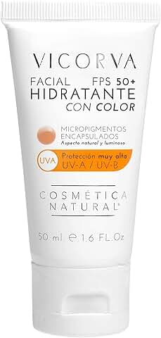VICORVA - Hidratante y Protector Facial FPS50+ - Protección Solar Diaria de Rayos UVA/UVB - Vitamina E y Polímero Hidrolizado de Proteína de Trigo - Producto Vegano - 50ml (CON COLOR)  