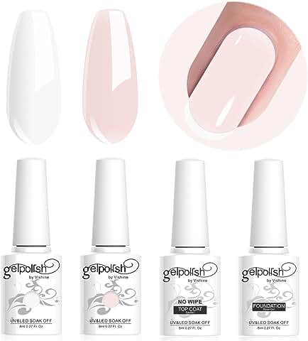 Vishine Lote de Esmaltes de gel Semipermanentes y base Top Coat para Manicura Francesa, gel UV/LED, soak off Nail Art Francés, Blanco, Rosado, 4 Unidades, 8 ml  