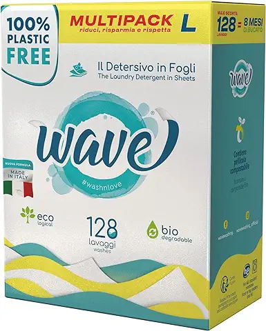 Wave Washing Classic – El Detergente en Hojas – 100% LIBRE DE PLÁSTICO – Multipack L - 128 lavados – Ecológico – Biodegradable – Compostable