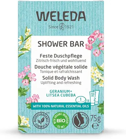 Weleda – Jabón de Ducha Sólido Refrescante, Fragancia Revitalizante, con Geranio y Litsea Cubeba, Limpia la Piel sin Resecarla, 100% Biodegradable, Apto para Todo Tipo de Piel - Pastilla de 75 g  
