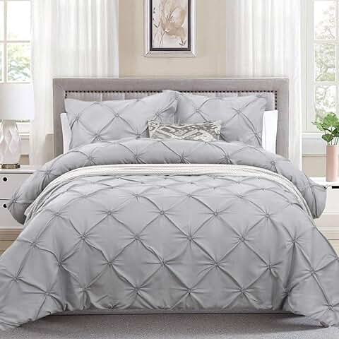 WONGS BEDDING 3 Piezas Ropa de Cama Lujo Gris Pellizco Plisado Funda Nórdica Conjunto para el Hogar 200x200cm  