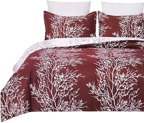 YEPINS Juego de ropa de cama de 135 x 200 cm, Diseño de Ramas, Color rojo y Blanco, 2 Piezas, Microfibra, Funda Nórdica con Cremallera y Funda de Almohada de 80 x 80 cm  