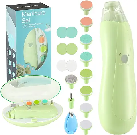Zooawa Lima de Uñas para Bebés, Cortauñas Eléctrica Niños Juego Manicura Dedos y Pies, 20 en 1 Cortador con Luz LED Mudo Operación, Cuidado de Bebé Recién Nacido Mamá Adulto en Familia, Verde Aguacate  