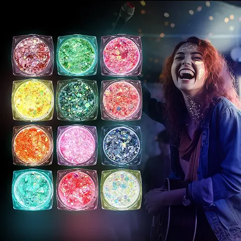 12 Colores Purpurina Gel, Glitter Maquillaje im Dunkeln Leuchten, Purpurina cara Festival para Ojos, Cara, Pelo, Uñas, Brillos para la Cara para Halloween,Navidad,Año Nuevo,etc.  
