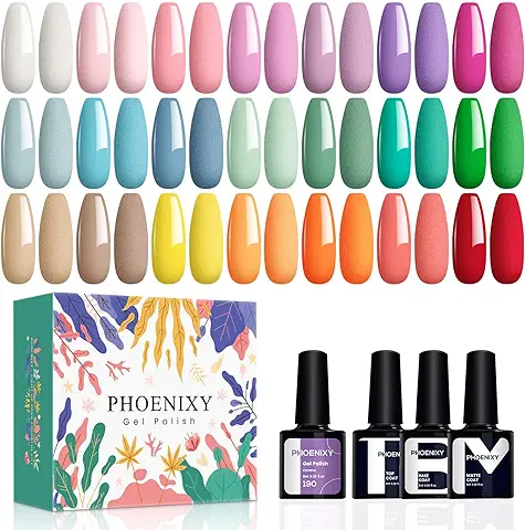 24 Pcs Esmalte Semipermanente para Uñas Gel UV LED Phoenixy 21 Colore de Pintauñas con Base, Top Coat Brillante y Mate  