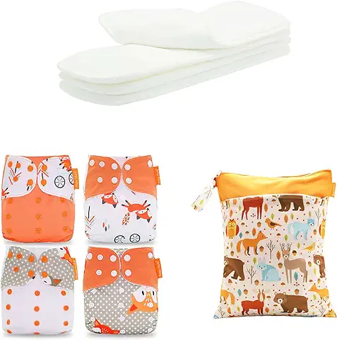 4 Pañales Lavables Reutilizables, Talla única Lavable, Pañales Lavables para Bebé con Inserciones de Algodón para Recién Nacidos, 1 Año, 2 Años (Color 1)  