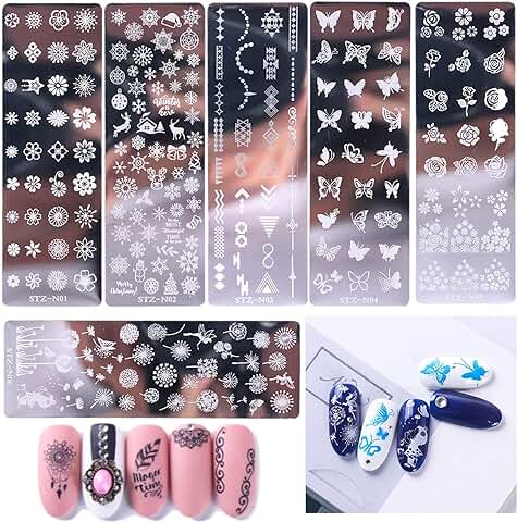 6 Piezas Estampacion UñAs,Placas de UñAs,Nail Art Stamping Placas UñAs,Adecuado para DecoracióN de UñAs, Flores, Copos de Nieve, Mariposas, Dientes de LeóN  