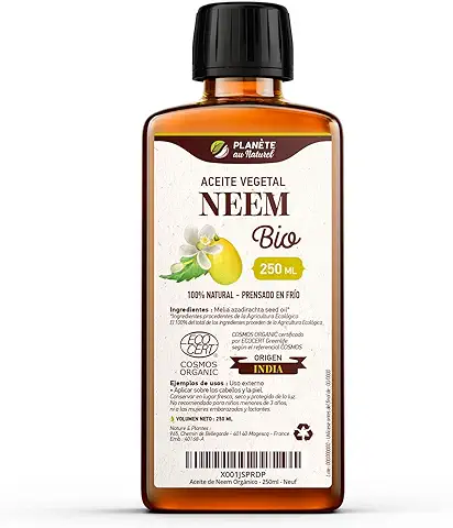 Aceite de Neem Orgánico 250 ml - 100% Puro, Natural y Prensado en Frío - Certificado Cosmos Organic - Planète au Naturel - Piel, Cabellos, Plantas  